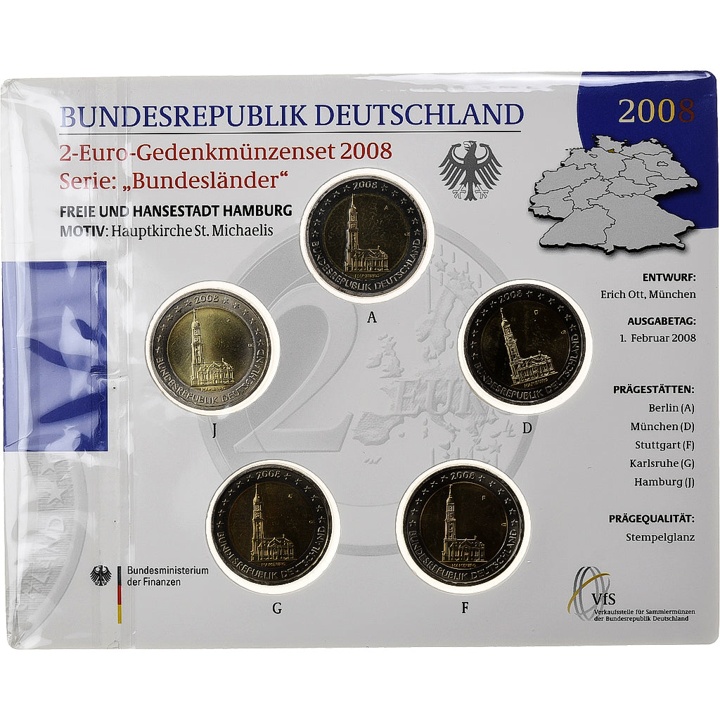 Germany, Set 5x2 euro, Hamburg, 2008, Bimetallic, MS(65-70)