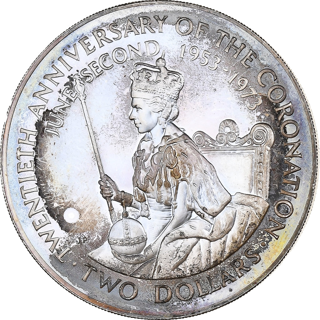 Ilhas Cook, Elizabeth II, 2 Dollars, 20th Anniversary - Coronation, 1973, Proof