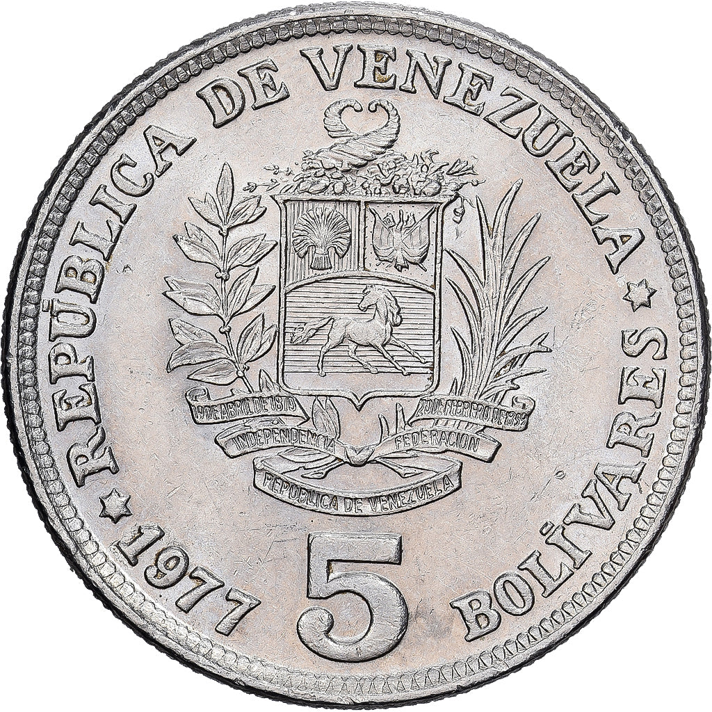 Coin, Venezuela, 5 Bolivares, 1977, MS(63), Nickel, KM:53.1