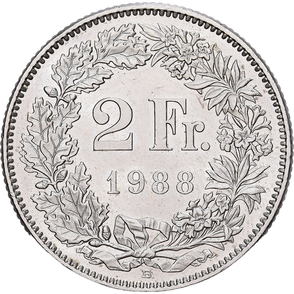 Moneta, Szwajcaria, 2 Francs, 1988, Bern, MS(64), Miedź-Nikiel, KM:21a.3