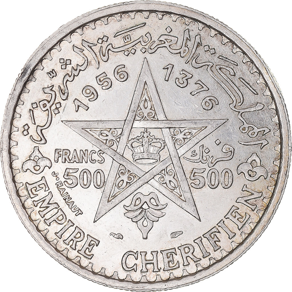 Coin, Morocco, Mohammed V, 500 Francs, 1956, Paris, AU(55-58), Silver, KM:54