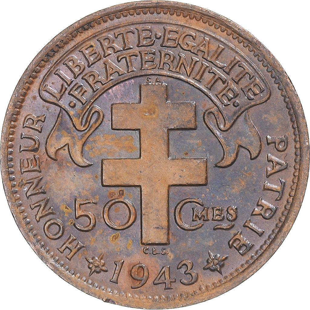 Coin, French Equatorial Africa, 50 Centimes, 1943, Pretoria, MS(60-62), Bronze