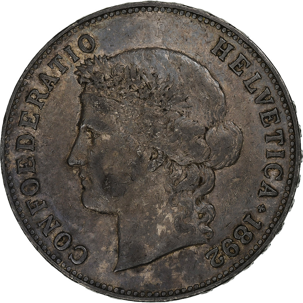 Switzerland, 5 Francs, 1892, Bern, EF(40-45), Silver, KM:34