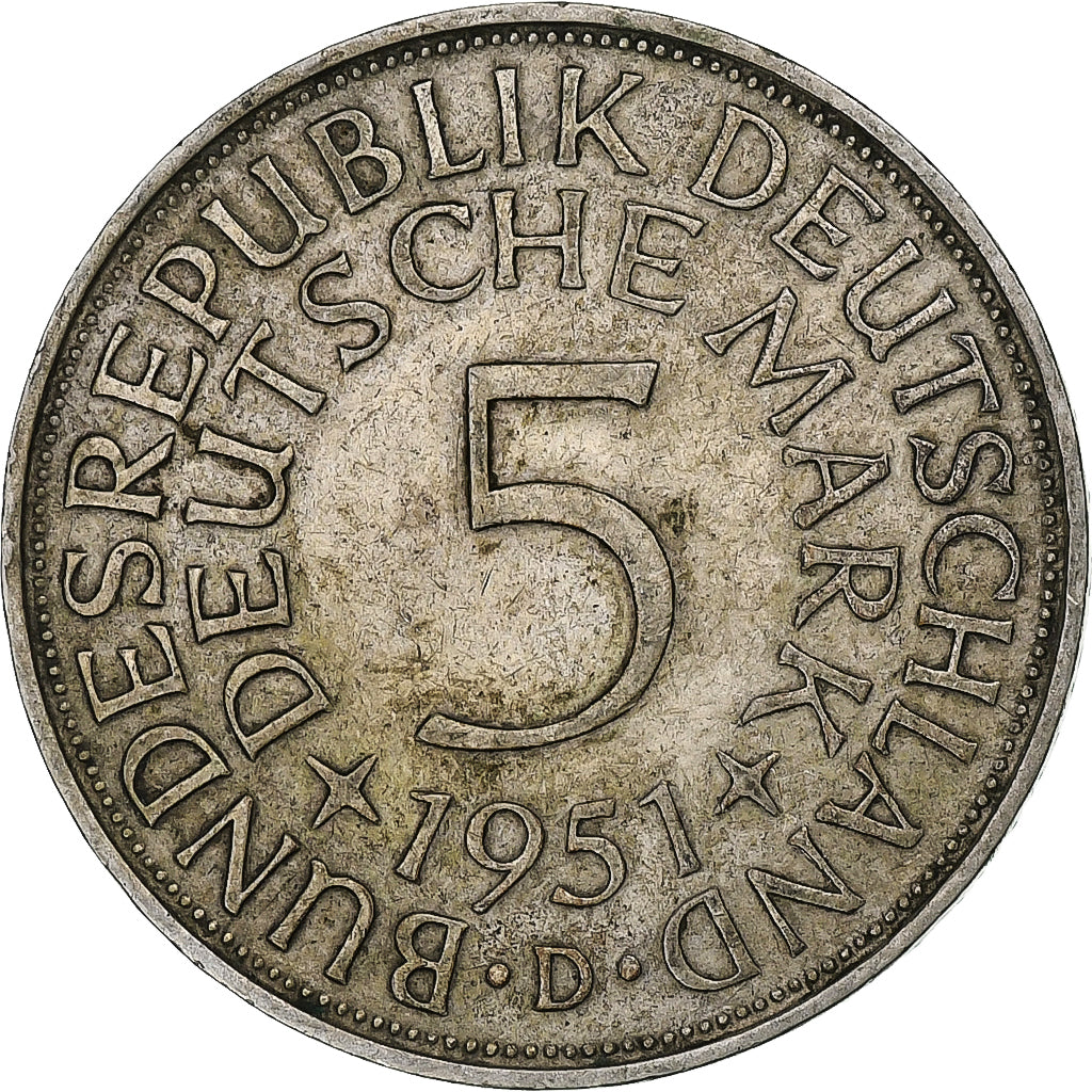 GERMANY - FEDERAL REPUBLIC, 5 Mark, 1951, Munich, EF(40-45), Silver, KM:112.1