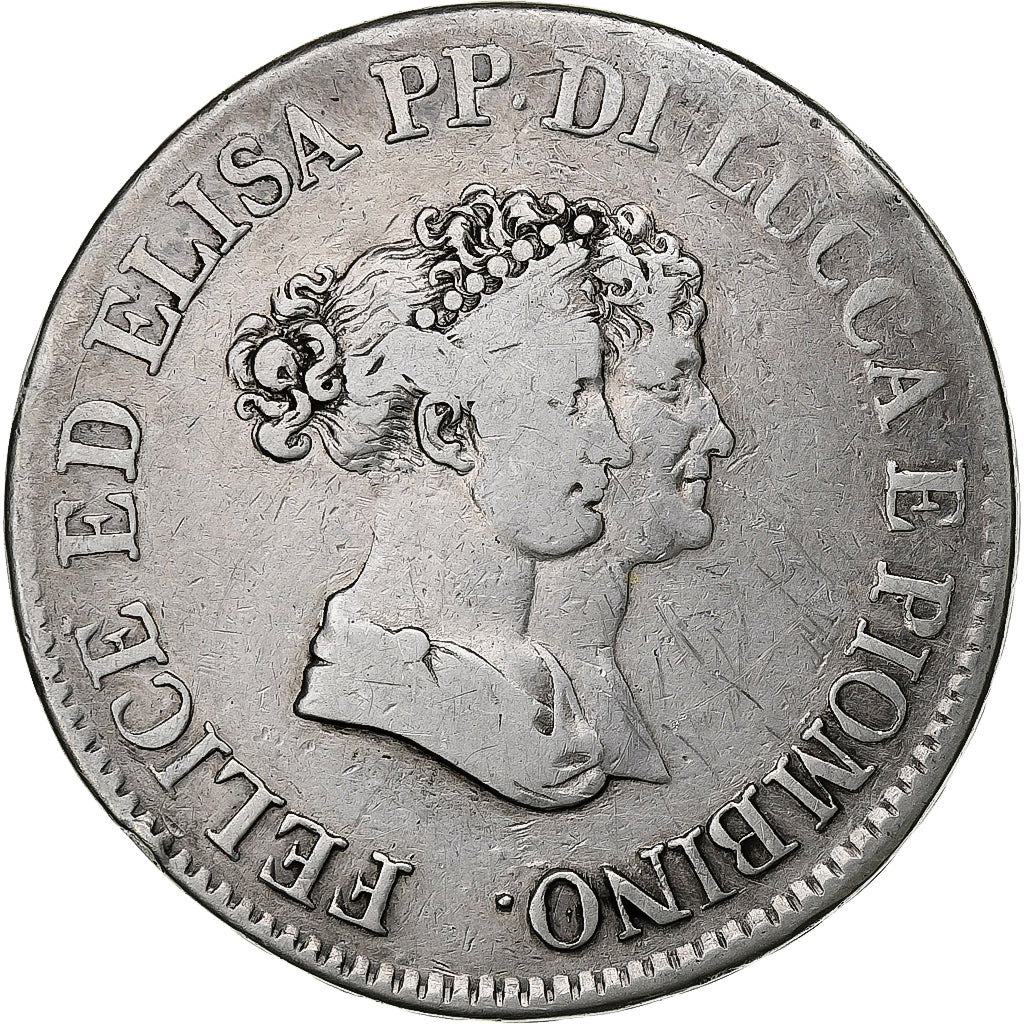 États italiens, LUCCA, Felix and Elisa, 5 Franchi, 1805, Firenze, Argent, TB