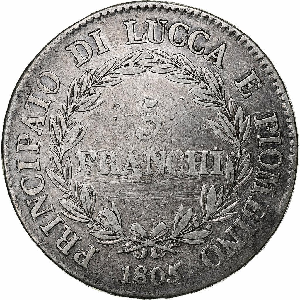 États italiens, LUCCA, Felix and Elisa, 5 Franchi, 1805, Firenze, Argent, TB