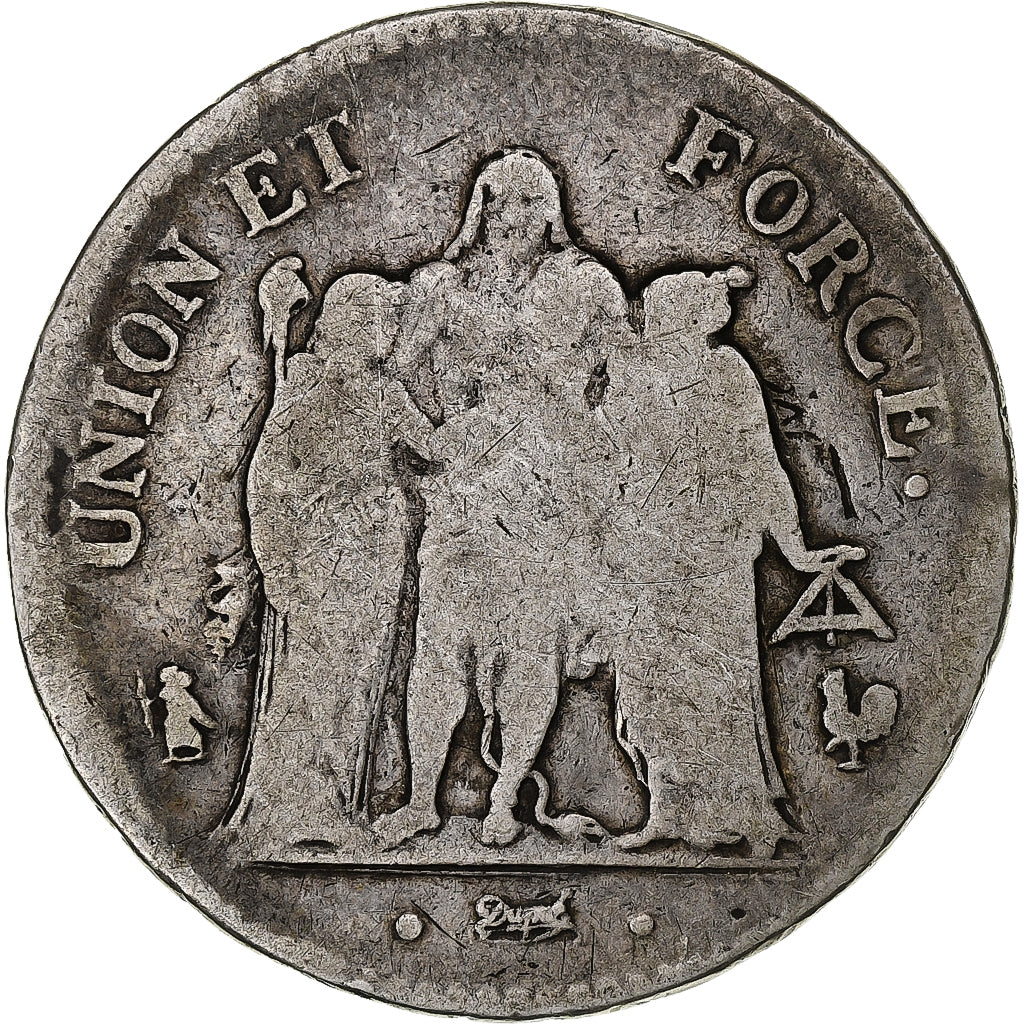 França, 5 Francs, Union et Force, AN 11, Paris, Union serré, Prata, F(12-15)