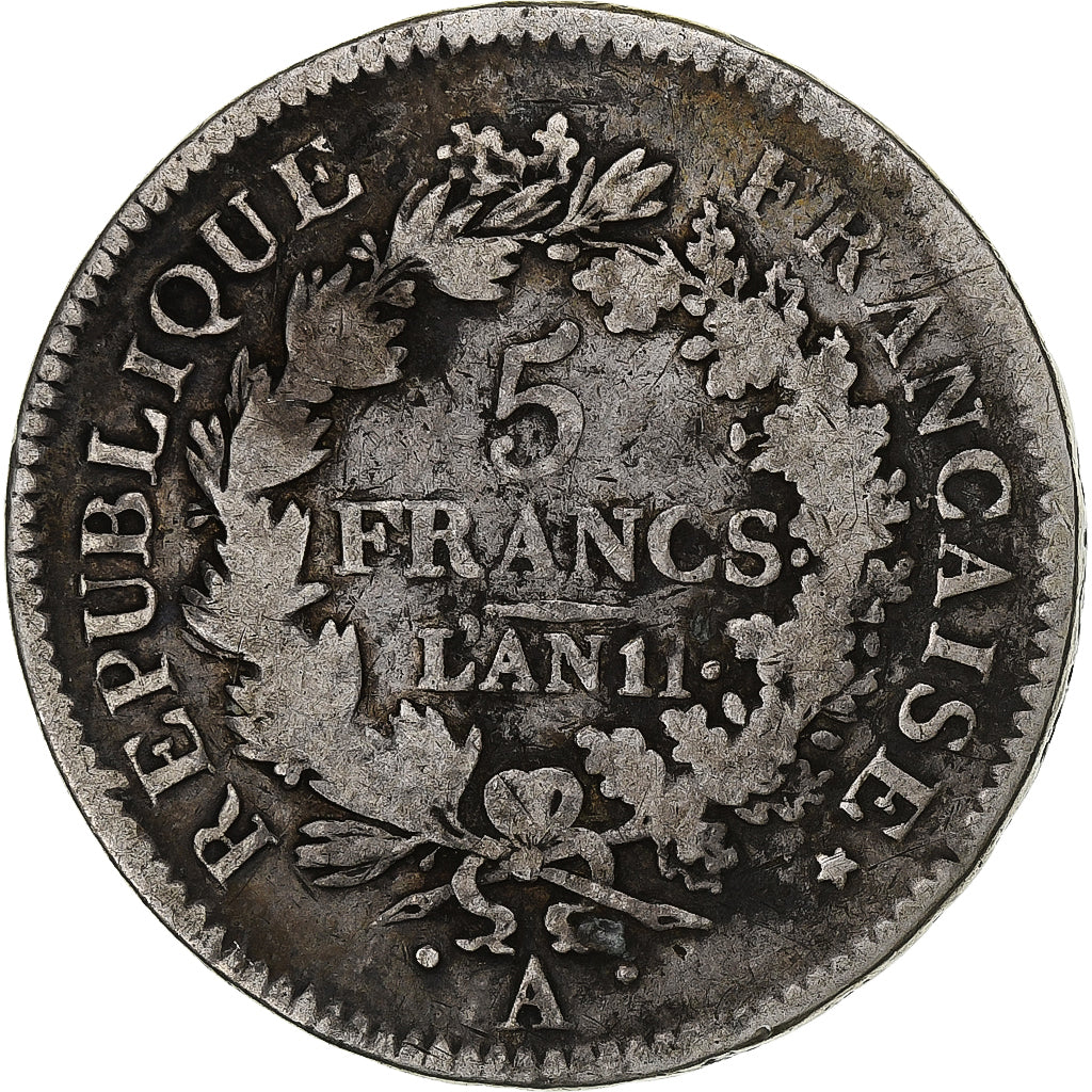 França, 5 Francs, Union et Force, AN 11, Paris, Union serré, Prata, F(12-15)