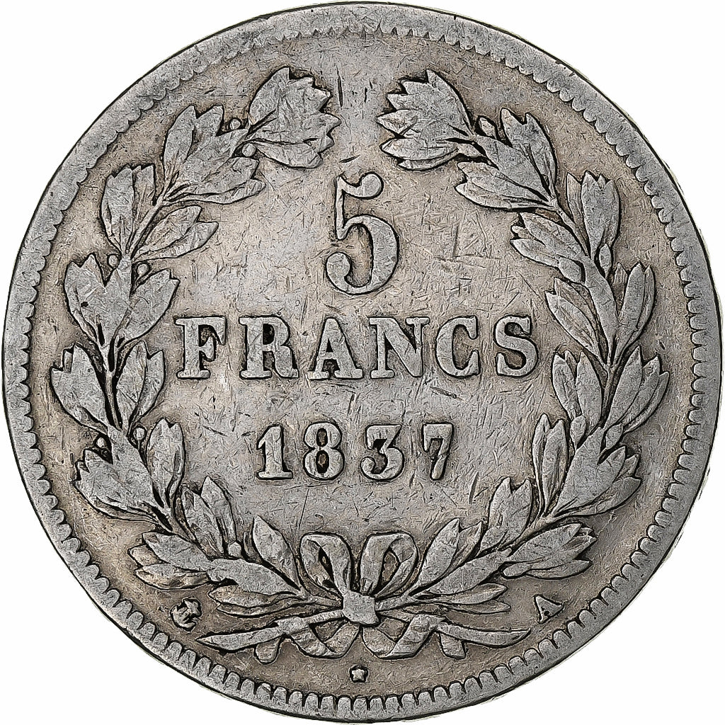 France, 5 Francs, Louis-Philippe, 1837, Paris, Silver, VF(20-25), Gadoury:678