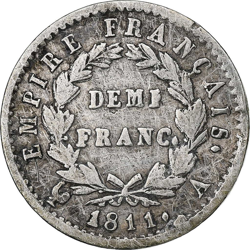 France, Napoléon I, Demi Franc, 1811, Paris, Argent, TB+, Gadoury:399, KM:691.1