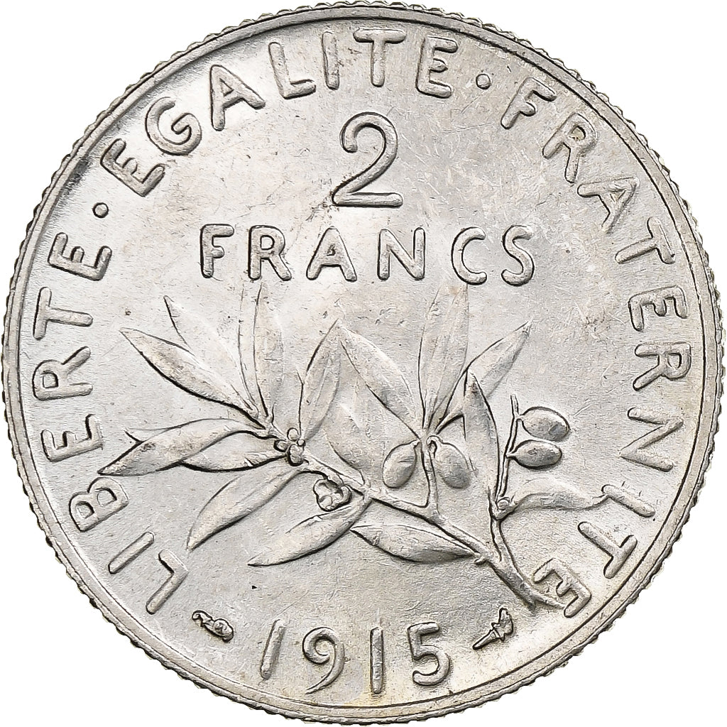 France, 2 Francs, Semeuse, 1915, Paris, Silver, MS(63), Gadoury:532, KM:845.1
