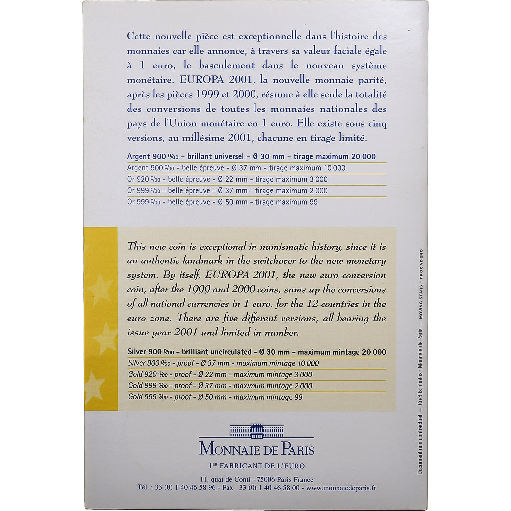 France, 6.55957 Francs, Europa, 2001, MDP, BU, Silver, MS(65-70)