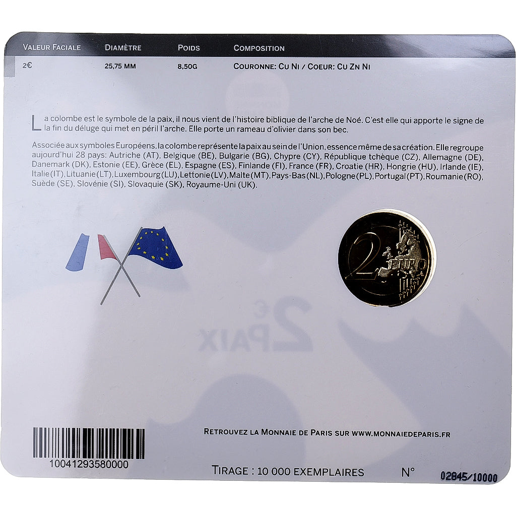France, 2 Euro, Peace, 2015, MDP, Bimetallic, MS(65-70)