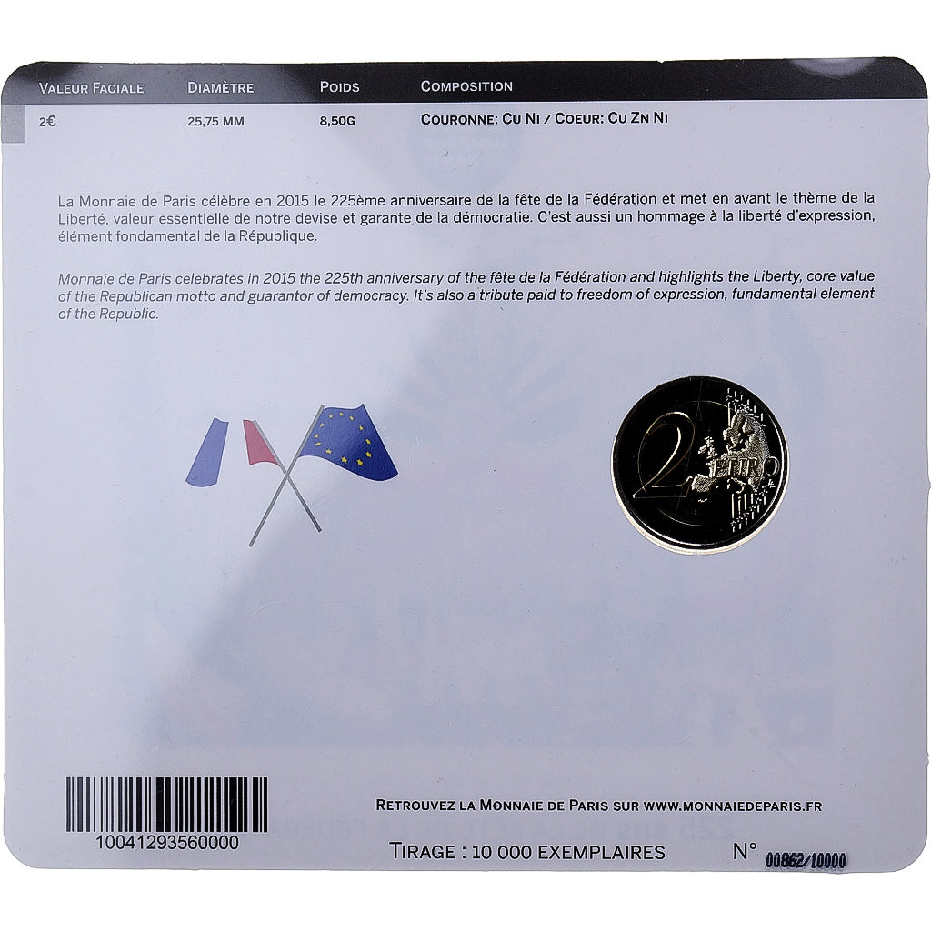 France, 2 Euro, Fête de la Fédération, Colorized, 2015, MDP, Bimetallic