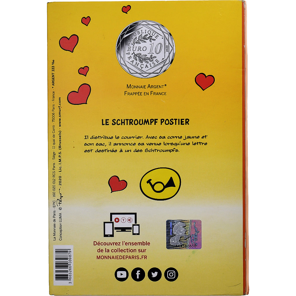 France, 10 Euro, Le Schtroumpf Postier (1/20), 2020, MDP, Silver, AU(55-58)