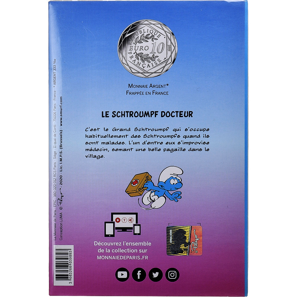 France, 10 Euro, Le Schtroumpf Docteur (6/20), 2020, MDP, Silver, MS(63)