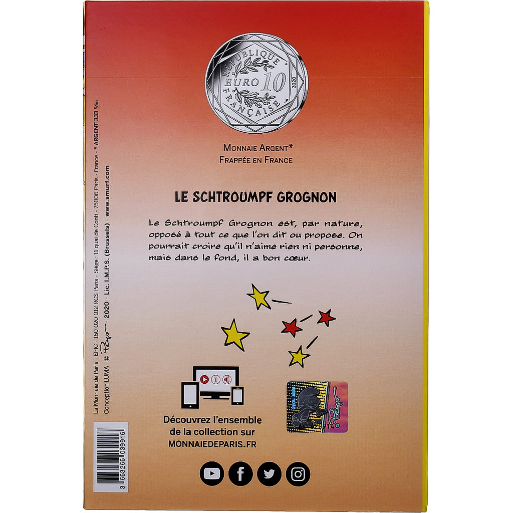 France, 10 Euro, Le Schtroumpf Grognon (8/20), 2020, MDP, Argent, SPL