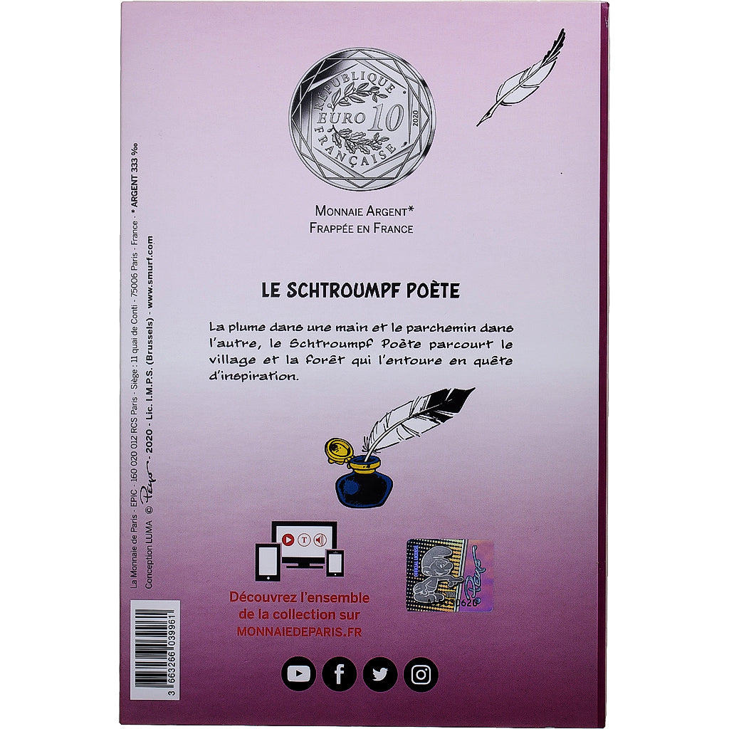 France, 10 Euro, Le Schtroumpf Poète (10/20), 2020, MDP, Silver, MS(63)