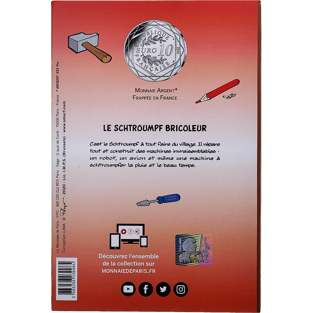 Francia, 10 Euro, Le Schtroumpf Bricoleur (17/20), 2020, MDP, Argento, SPL