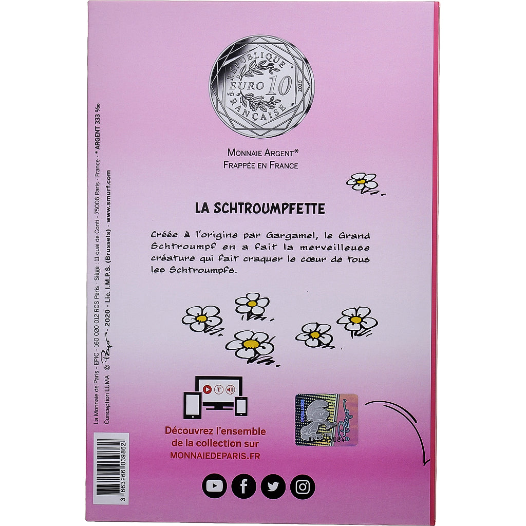 France, 10 Euro, La Schtroumpfette (5/20), Colorized, 2020, MDP, Silver, MS(63)