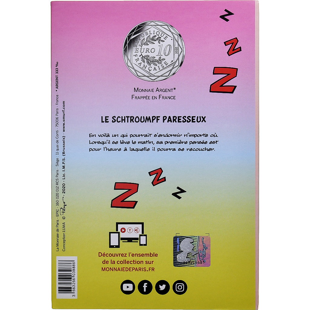 Francia, 10 Euro, Le Schtroumpf Paresseux (3/20), Colorized, 2020, MDP, Argento