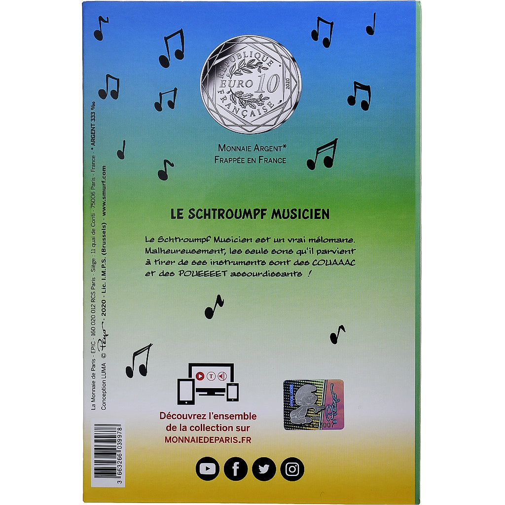 França, 10 Euro, Le Schtroumpf Musicien (14/20), Colorized, 2020, MDP, Prata