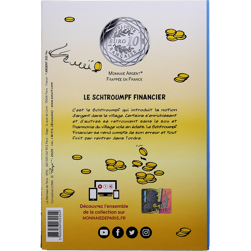 France, 10 Euro, Le Schtroumpf Financier (13/20), Colorisé, 2020, MDP, Argent