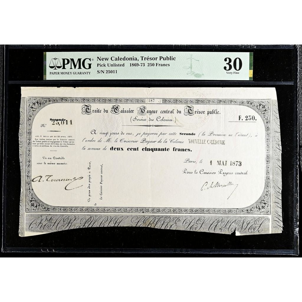 Nuova Caledonia, 250 Francs, 1873-05-01, Traite Trésor Public, VF 30, PMG