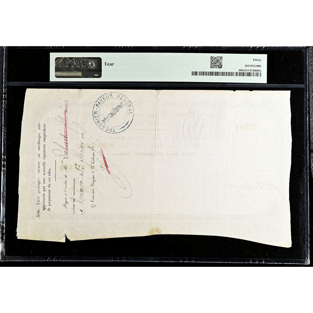 Nuova Caledonia, 250 Francs, 1873-05-01, Traite Trésor Public, VF 30, PMG