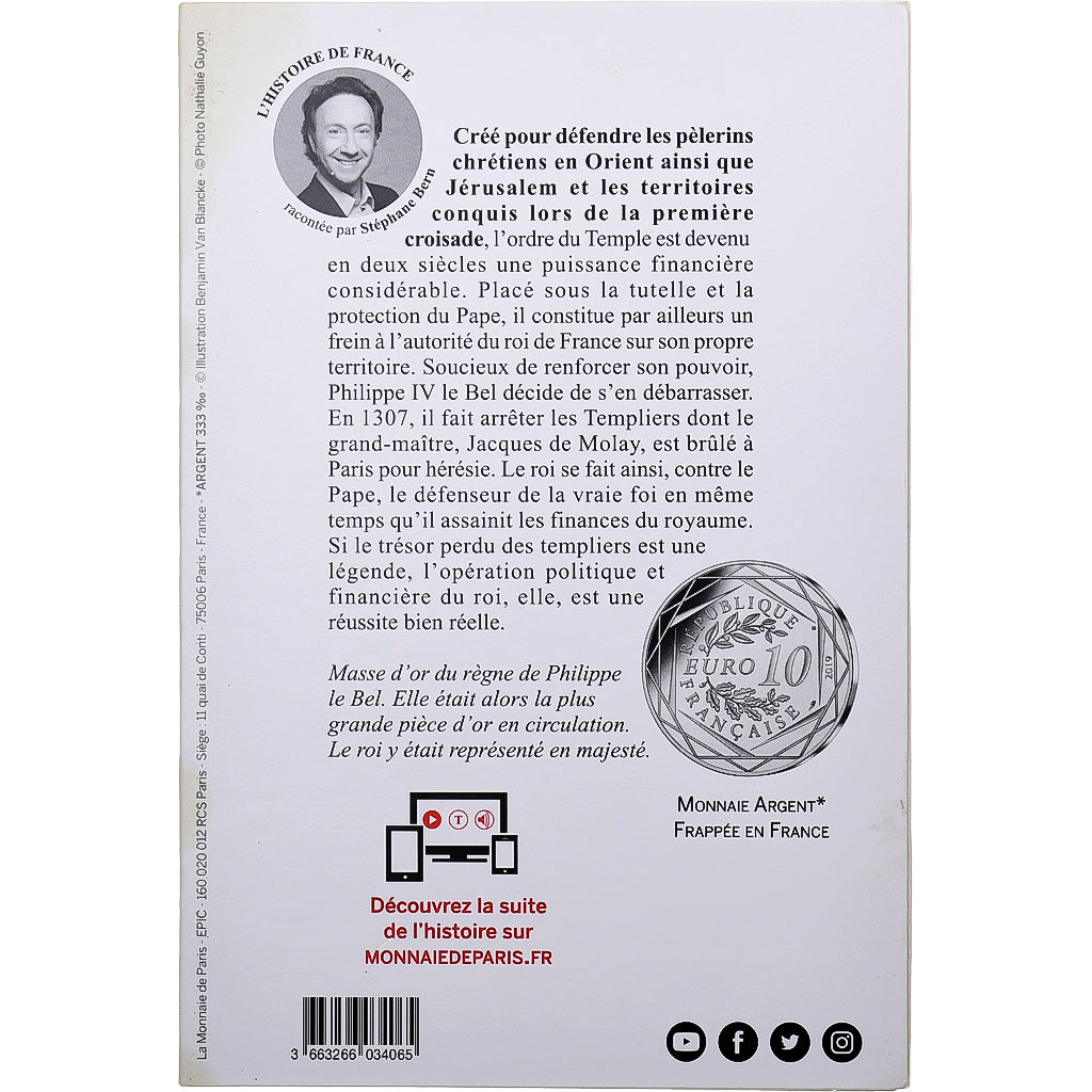 France, 10 Euro, Pièce d'Histoire - Les Templiers, 2019, MDP, Silver, MS(65-70)