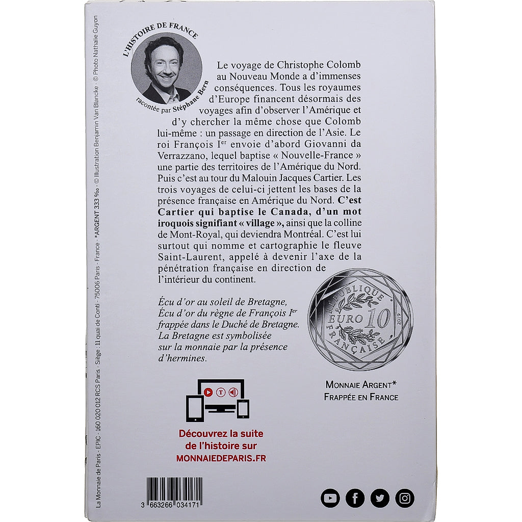 France, 10 Euro, Pièce d'Histoire - Jacques Cartier, 2019, MDP, Argent, SPL
