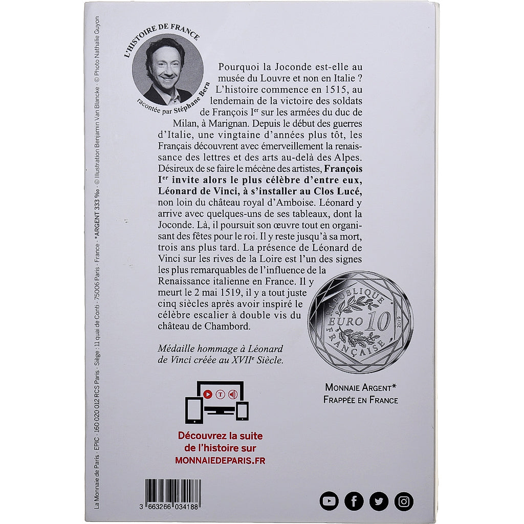 France, 10 Euro, Pièce d'Histoire - Léonard de Vinci, 2019, MDP, Silver