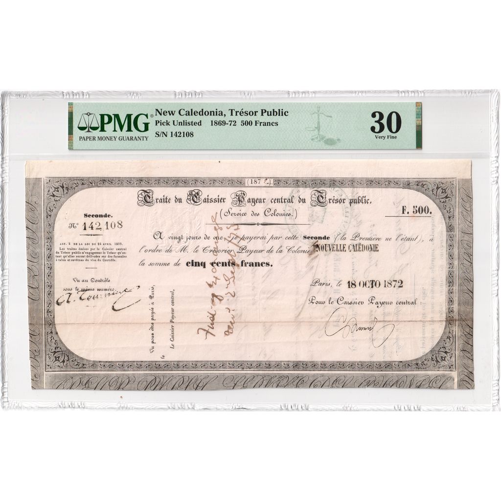 New Caledonia, 500 Francs, 1872-10-18, VF 30, PMG