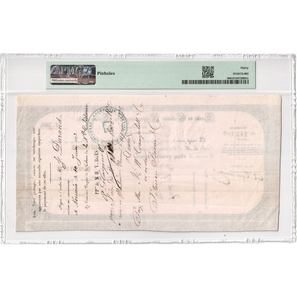 New Caledonia, 500 Francs, 1872-10-18, VF 30, PMG