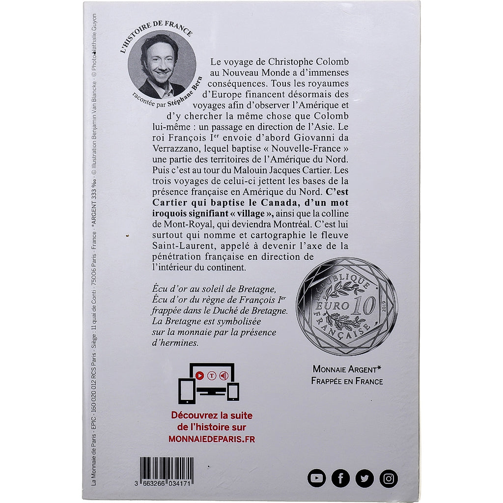 France, 10 Euro, Pièce d'Histoire - Jacques Cartier, 2019, MDP, Silver