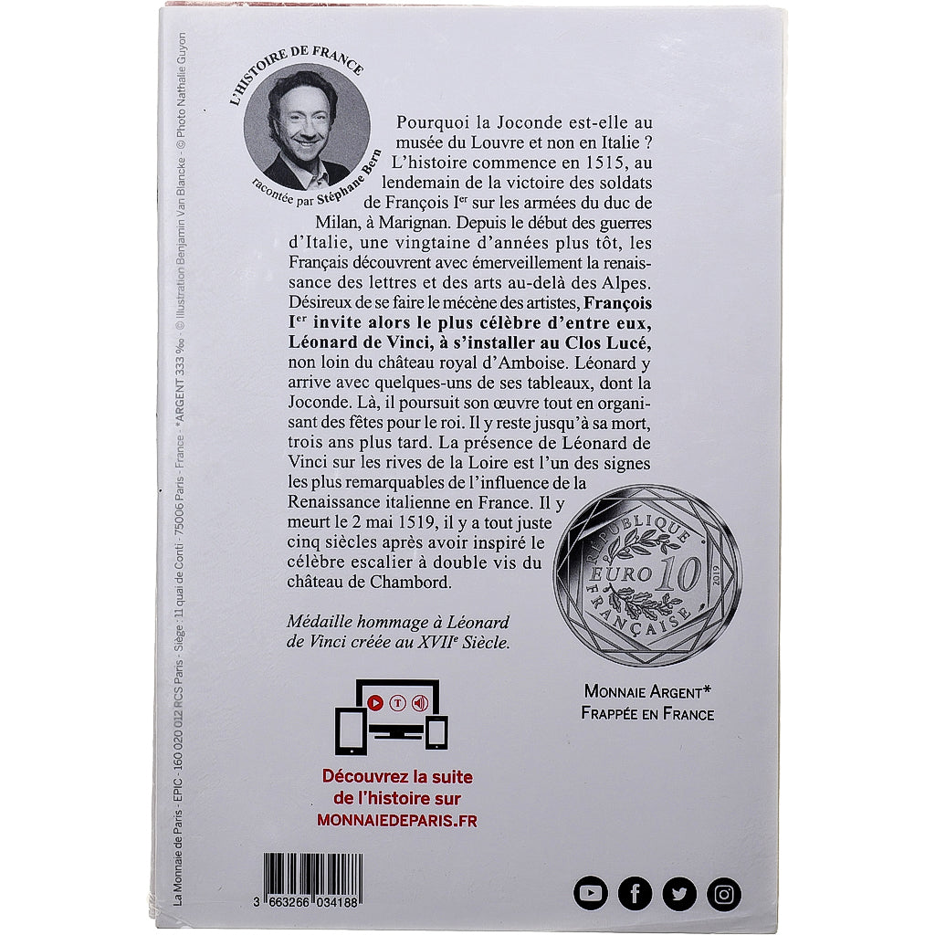 France, 10 Euro, Pièce d'Histoire - Léonard de Vinci, 2019, MDP, Silver