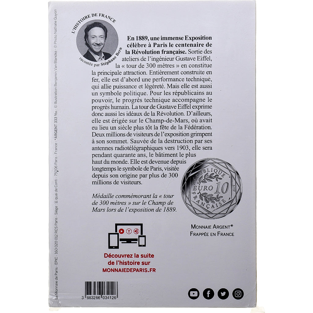 Francja, 10 Euro, Pièce d'Histoire - Tour Eiffel, 2019, MDP, Srebro, MS(65-70)