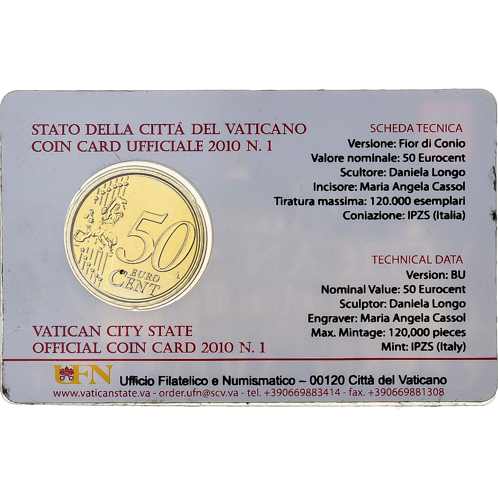 Vatican, Benedict XVI, 50 Centimes, Coin card, 2010, Rome, Nordic gold
