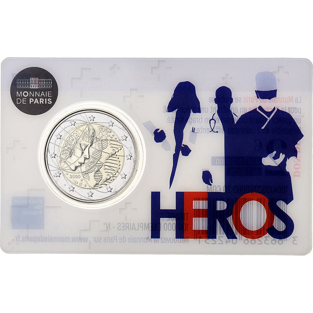 Francia, 2 Euro, Recherche médicale, HÉROS, Coin Card. BU, 2020, MDP