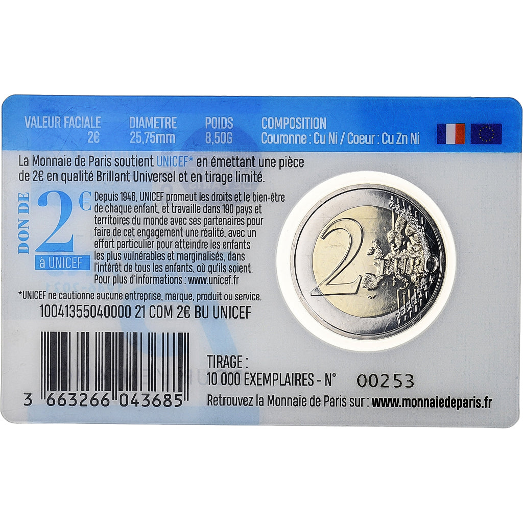 Frankrijk, 2 Euro, 75 ans UNICEF, Coin Card. BU, 2021, MDP, Bimetallic, FDC