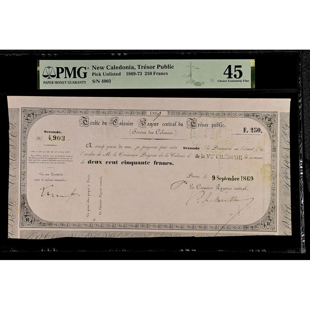 Nieuw -Caledonië, 250 Francs, 1869-09-09, Traite Trésor Public, EF 45, PMG