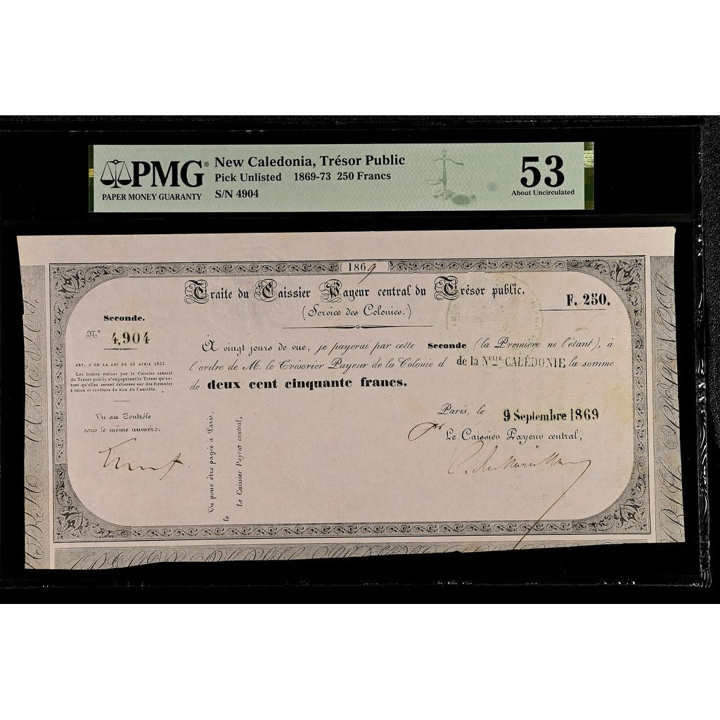 Nieuw -Caledonië, 250 Francs, 1869-09-09, Traite Trésor Public, AU 53, PMG