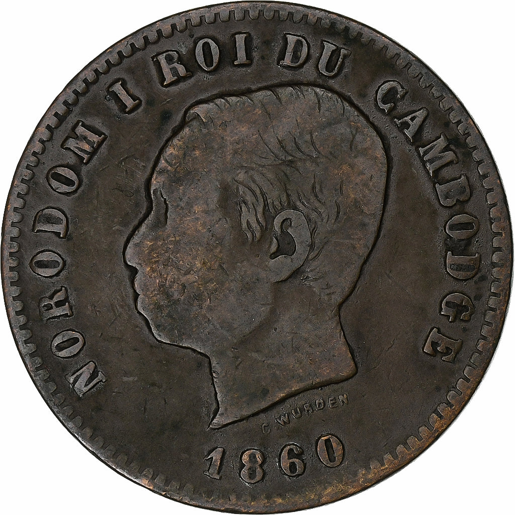 Cambodja, Norodom I, 10 Centimes, 1860, Bronzen, FR