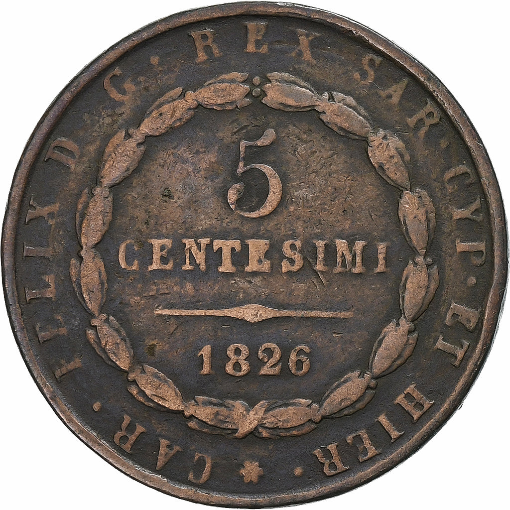Kingdom of Sardinia, Carlo Felice, 5 Centesimi, 1826, Torino, Koper, FR