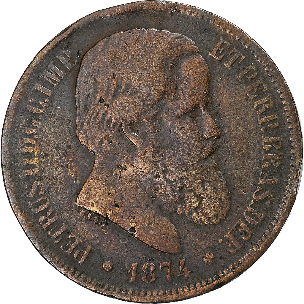Brazil, Pedro II, 40 Reis, 1874, Bronze, VF(30-35)