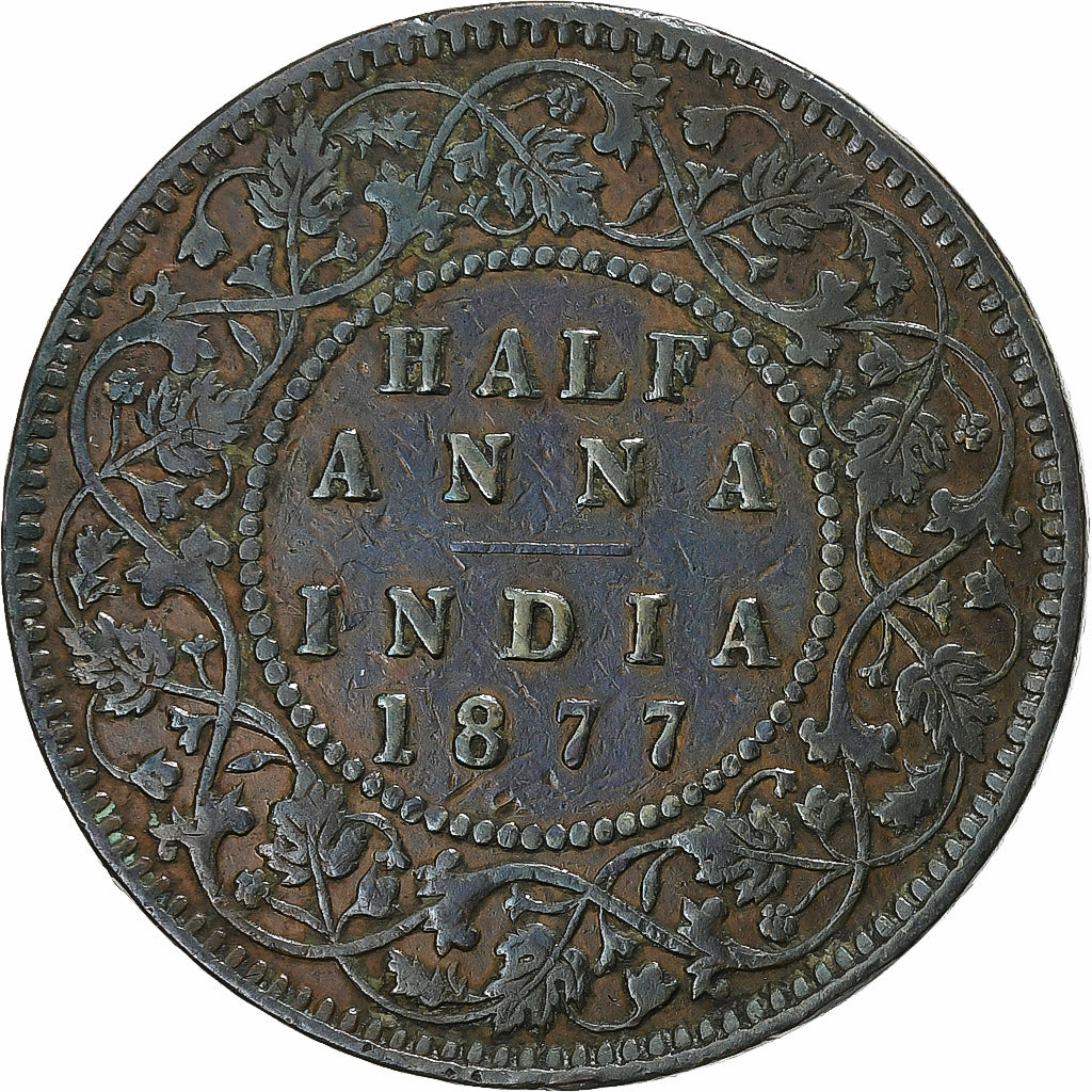 British India, Victoria, 1/2 Anna, 1877, Bombay, Copper, VF(30-35)