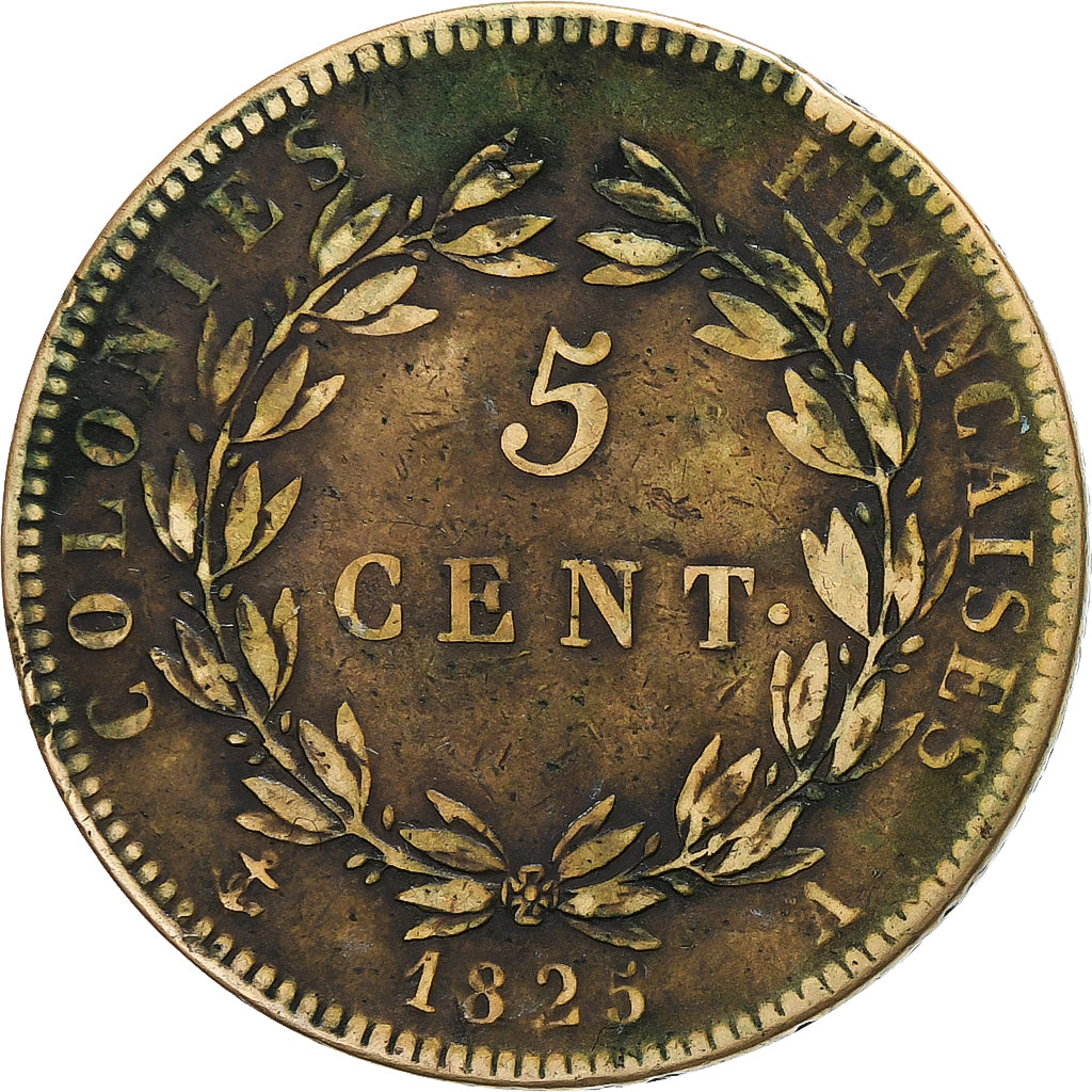 French Antilles, Charles X, 5 Centimes, 1825, Paris, Bronze, VF(20-25)