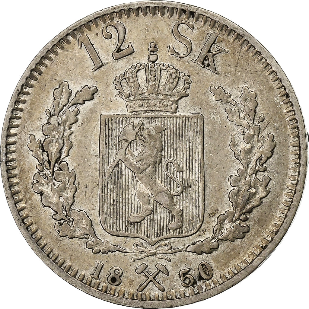 Norway, Oscar I, 12 Skilling, 1850, Silver, AU(55-58)