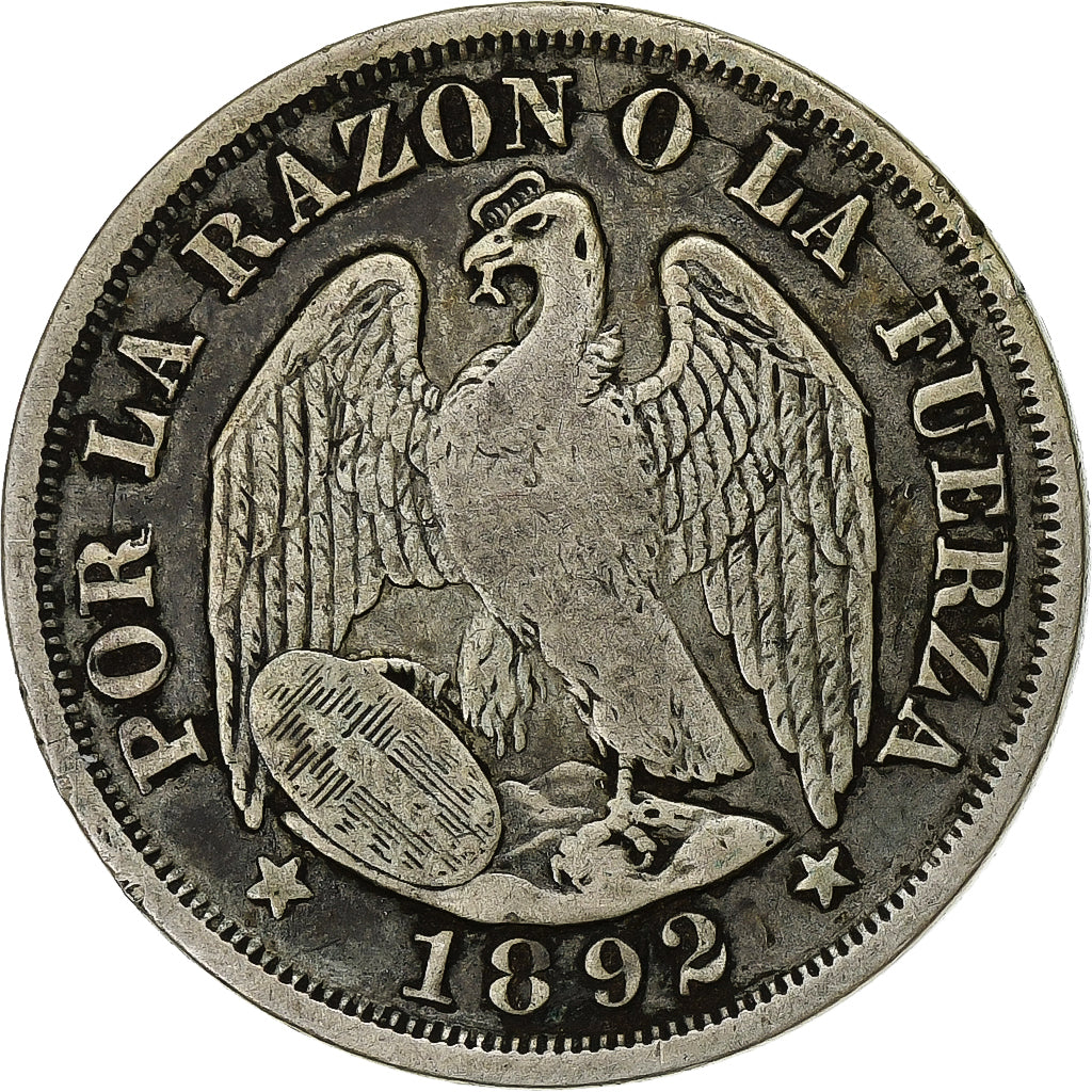 Chile, 20 Centavos, 1892, Santiago, Plata, BC+