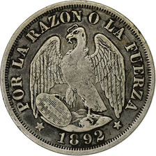 Chile, 20 Centavos, 1892, Santiago, Plata, BC+